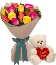 12 Multi-coloured Roses with Teddy